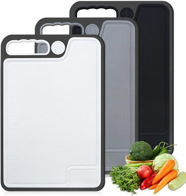 Набір з 3 дерев'яних обробних дощок для кухні, 35x23 см, антибактеріальні, BPA Free, з жолобками для соку та неслизькими ручками, чорний/сірий/білий