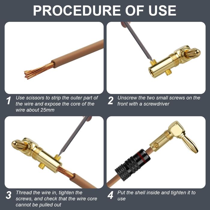 4 шт. Бананові конектори для акустики 4.5 мм, 90 градусів, позолочені 24K, для підключення до підсилювача, ресивера, стереосистеми