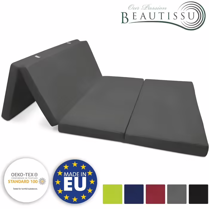 Складний матрац Beautissu Campix 100x200 см, антрацит, гостьовий, для кемпінгу, з ручкою, знімний чохол, 10 см товщина, розкладне ліжко, підлоговий, праний