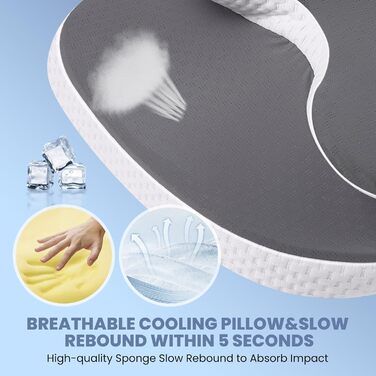 Подушка для шиї з піни Memory Foam A-Pce: ергономічна подушка для сну на боці, спині та животі, знімний дихаючий чохол - сіро-чорний 65x39x14 см