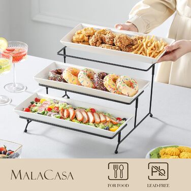 Порцелянова триярусна сервірувальна підставка MALACASA, біла, 36x15,3 см, складана стійка, для десертів, фруктів, кексів, подачі страв на вечірках
