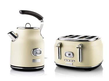 Набір для сніданку Westinghouse Retroline (Тостер та Чайник), 1.7 л, фільтр від накипу, захист від перегріву, тостер з 4 слотами та підставкою для бургерів, зйомна крихта (комплект з тостером на 4 скибочки білого кольору)