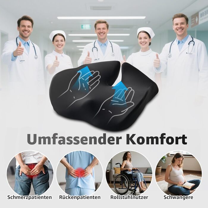 Ортопедична подушка для сидіння BRO Extra Großes з чохлом Ice Silk, Memory Foam. Ергономічна подушка для підтримки куприка для офісного крісла, авто та інвалідного візка.