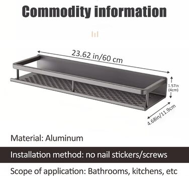 Suction Cup Shower Shelf No Drilling, Adhesive Shower Rack, No Drilling Shower Gel Holder, Bathroom Shelf No Drilling, Black, 60cm
