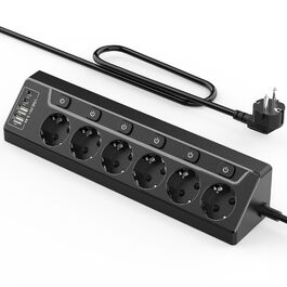 Мережевий фільтр з USB-C, 6 розеток, кабель 2м (4000W, 16A), розподільний блок для кухні/офісу, чорний