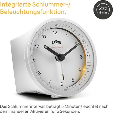 Classic Braun analog radio alarm clock for Central European Time (CET/GMT+1) with snooze function and illumination, quiet movement, crescendo alarm in white, model BC07W-DCF