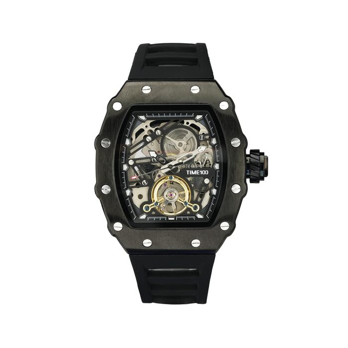 TIME100 Автоматичний годинник для чоловіків: водонепроникний, з підсвічуванням, серія Pilot, Angel Wing, бізнес-стиль, механічний годинник з шкіряним/силіконовим ремінцем, скелетний дизайн (чорний)