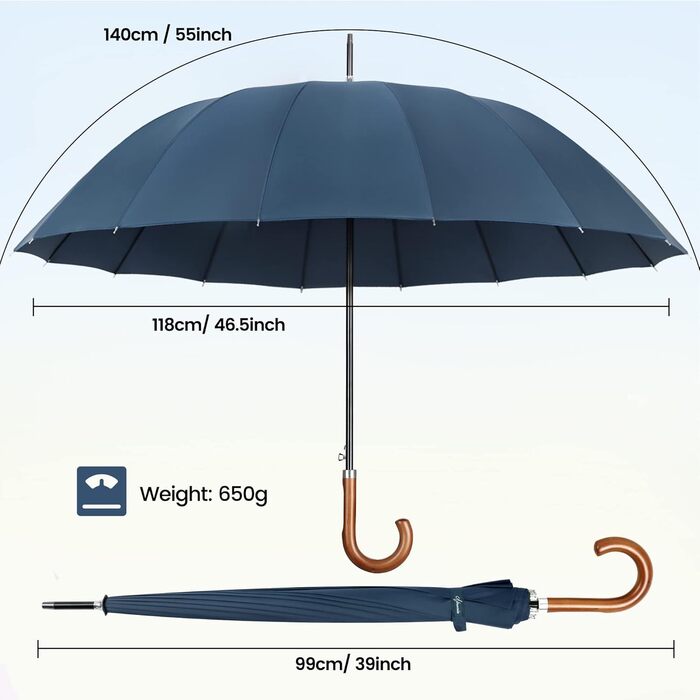 NINEMAX Large Windproof Umbrella - Wooden Handle Walking Umbrella for Men & Women - 16 Ribs Automatic Open - 2 Person Capacity (Navy Blue)