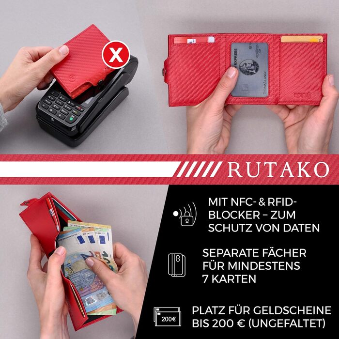 RUTAKO Slim Wallet with XL Coin Pocket & RFID Protection - Card Holder for Men & Women - Small Credit Card Holder - Mini Wallet - Purse/Wallet Small - Wallet Carbon Red