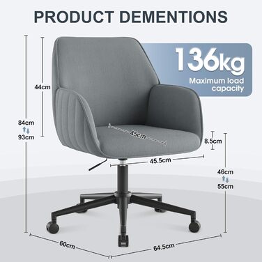 Офісний стілець для дому та офісу до 136 кг, обертовий, оксамитовий, з підлокітниками та колесами, ергономічний, сірий