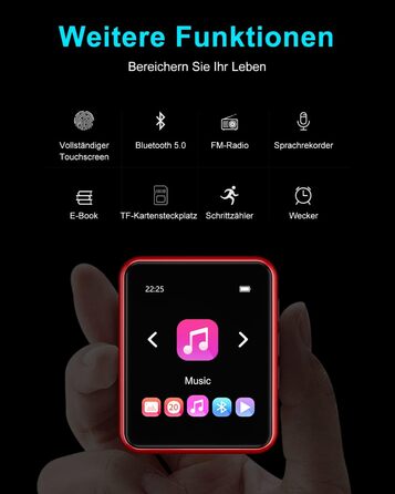 MP3 плеєр 32GB Bluetooth 5.0 з сенсорним екраном, HiFi, радіо, диктофон (червоний)