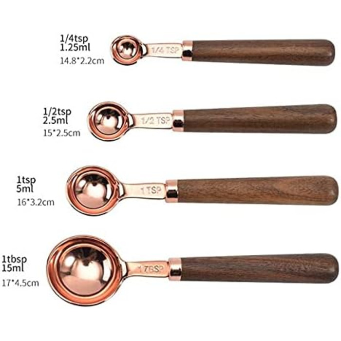4-piece stainless steel measuring cup with wooden handle, measuring spoons, gold-plated measuring spoon set for baking in the kitchen (Size: Measuring Cup) (Measuring spoons in rose gold)
