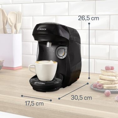 Кавомашина Tassimo Happy TAS1002N від Bosch: понад 70 напоїв, автоматична, для будь-яких чашок, компактна, 1400 Вт, антрацит (чорний). Включає декальцинатор.