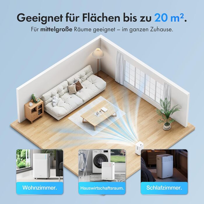 Електричний осушувач повітря VonHaus 20л/24г з Wi-Fi та додатком, для підвалу та приміщень до 20м², 41дБ, з режимом сну, таймером та зливом, сумісний з Alexa & Google Home