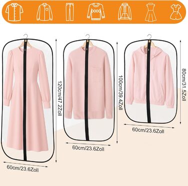 12 містких мішечків для одягу Dntorx, 60x100 см, PEVA, прозорі, з блискавкою. Захист для костюмів, сорочок, пальто.