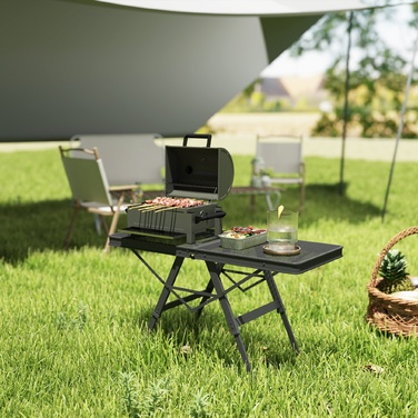 Outsunny Adjustable Height Folding Table, Folding Garden Table with Metal Grid, Lightweight Aluminum Multifunction Table, Side Table for Garden, Balcony, Camping, 90 x 40.5cm Black | Aosom