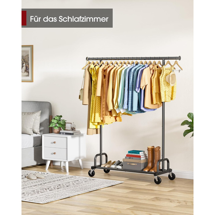 Вешалка для одягу на колесах з полицями та широкою перекладиною, 116 x 43 x 150 см, чорна