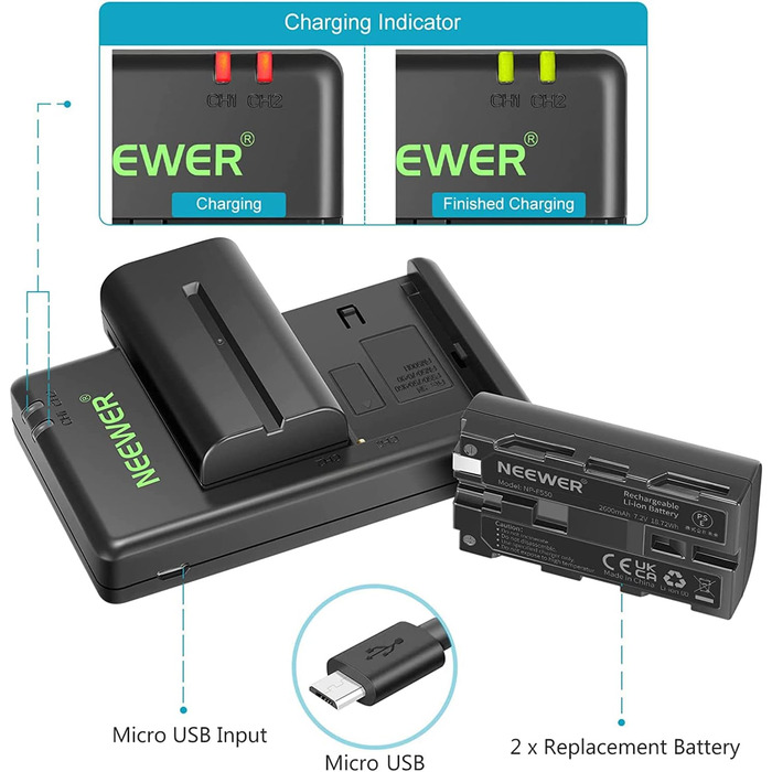 Набір акумуляторів NEEWER NP-F550 та зарядний пристрій (сумісний з Sony NP-F970, F750, F770 та ін.) + LED-ліхтар/монітор/камера Slider (2 шт., чорний)