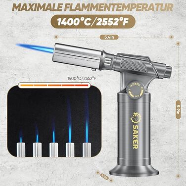 Професійний газовий пальник-фламбе SAKER для кулінарних страв та DIY: бутановий пальник з п'єзорозпалом для крем-брюле, паяння та рукодія, сріблястий