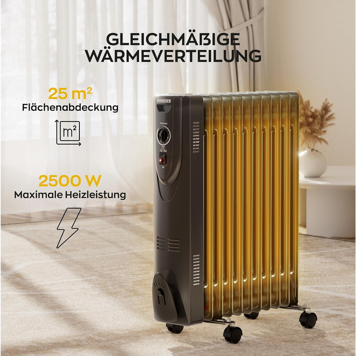 Електричний масляний радіатор Heinrich з 13 ребрами, 2500W, з вентилятором, терморегулятором, захистом від перегріву та нахилу, чорний