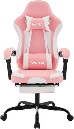 Ігрове крісло Gaming Chair з підніжкою та ергономічною підтримкою попереку, регульована спинка 90-135°, офісне крісло для геймерів, рожево-біле