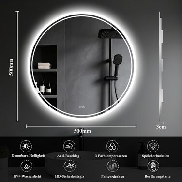 Дзеркало для ванної кімнати з підсвічуванням LED, антизапар, сенсорне управління, регулювання яскравості, 3 кольори світла, функція пам'яті, захист від вибуху, кругле дзеркало 50 см