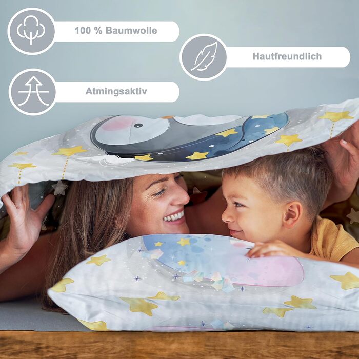 Дитяча постільна білизна CLEAVEN 100x135 см | 100% бавовна, м'яка та дихаюча | Для комфортного сну | Змінний малюнок пінгвіна | CLEAVEN Pinguin 006