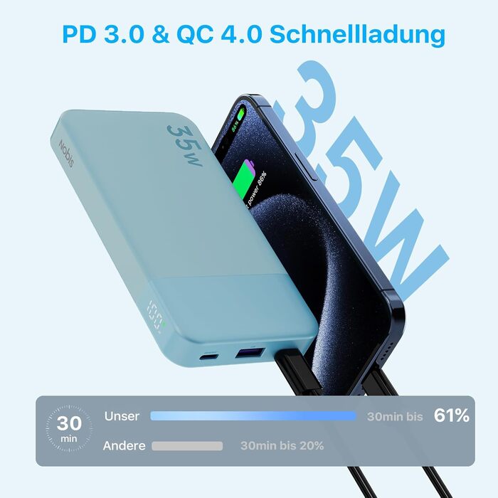 Power Bank Nobis 10000mAh 35W з USB-C кабелем та цифровим дисплеєм (блакитний)