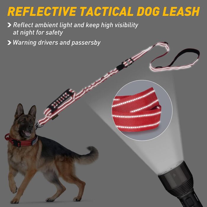 Тактична повідок для собак AUBELL, міцна, світловідбиваюча, без натягу, банджі-повідок для середніх та великих собак, з м'якою ручкою, авто-ремнем безпеки, обертання на 360°, зелена (M-L, червона)