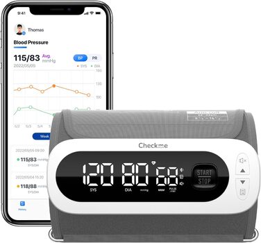 Тонометр на плечі CheckMe BP2A Nexus з великим дисплеєм, середнє значення за 3 вимірювання, бездротова манжета (22-42 см), додаток для iOS/Android, легке читання та професійна точність