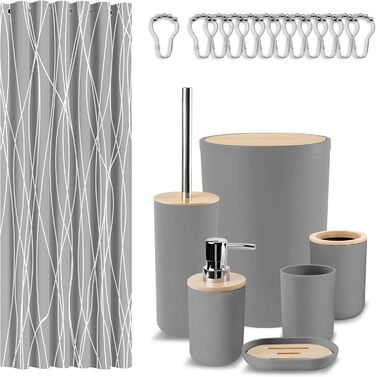 Набір аксесуарів для ванної кімнати Britimes, сірий: душова завіса, відро для сміття, дозатор мила, тримач для унітазної щітки, тримач для зубних щіток та стаканчик для зубних щіток