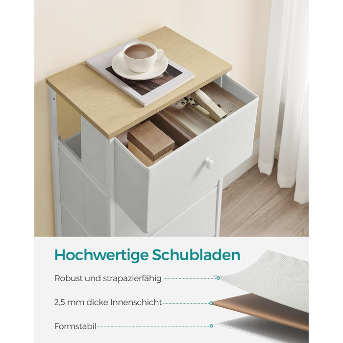 SONGMICS Chest of Drawers, Storage Cabinet with 4 Fabric Drawers, Metal Frame, Tall and Narrow, White-Oak Finish LTS314W57