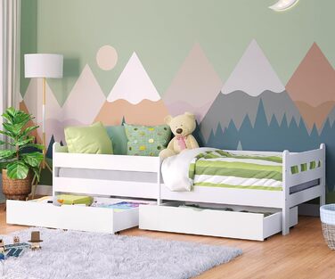 Bellabino Kinderbett Kuru 90x200 with 2 Drawers, Single Bed for Children incl. Fall Protection and Slatted Frame, White Children's Bed, Bed for Boys and Girls with Drawers White