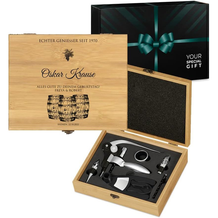 Maverton Personalized Wine Opener Set - Sommelier Set - Gift Box with Wooden Box + 6-Piece Wine Accessory Set - Made of Bamboo - Brown - Birthday Gift for Men - (True Connoisseur)
