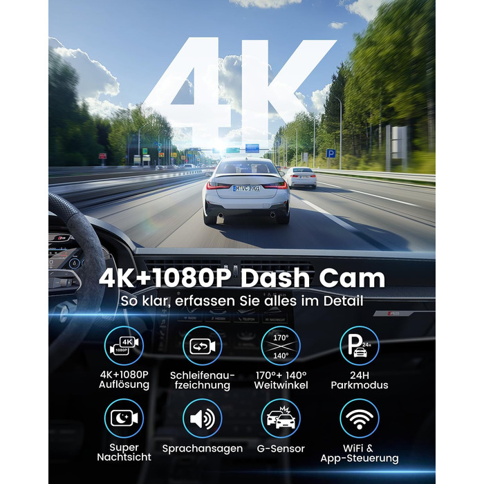 Відеореєстратор SIGRILL Dashcam Auto 4K+1080P з Wi-Fi, двоканальний, з карткою 64GB, нічне бачення, паркувальний режим, G-сенсор, запис по колу, підтримка до 256GB