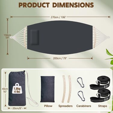 Гамак Chihee бавовняний великий, 270x150 см, до 300 кг, з подушкою та карабінами, темно-сірий