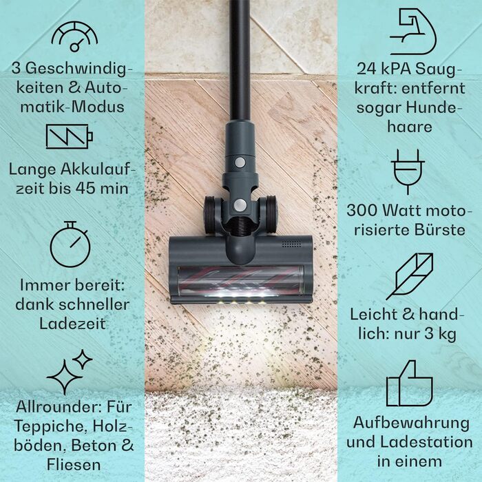 Бездротовий акумуляторний пилосос Klarstein без мішка з 4-ступеневим фільтром E12 EPA, для шерсті тварин, килима та твердих підлог, вертикальний пилосос без мішка з насадкою для підлоги 180° (сірий)