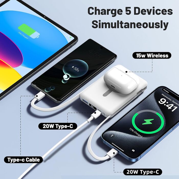 Power Bank Azmuth MagSafe 10000mAh для iPhone з LED дисплеєм, бездротова зарядка, білий