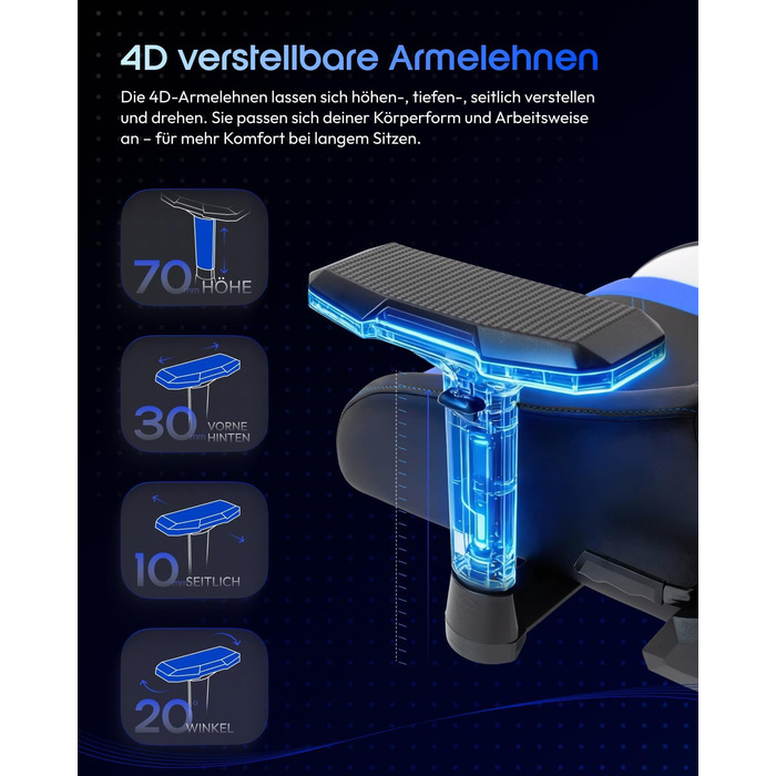 Ігровий крісло Dowinx з 4D підлокітниками, функцією гойдання 15° та регулюванням спинки до 165°, масажний, ергономічний, дизайн у стилі гоночного авто, для геймерів, Esport, максимальне навантаження 135 кг (блакитний)