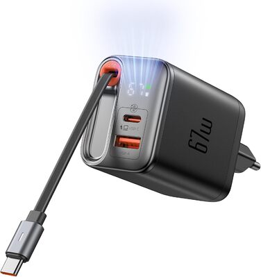 Мсдодо зарядний пристрій USB-C 67W з висувним кабелем, мережевий адаптер, швидка зарядка GaN, 3 порти, LED дисплей, чорний