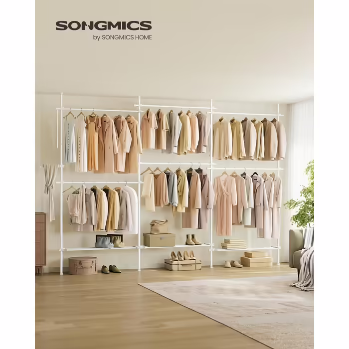 SONGMICS Telescopic Rod Clothes Rack, 3-Tier Wardrobe, Height and Width Adjustable, Open Clothes Closet with 2 Clothes Rods and Removable Shelf, Grab Arm, HSR136B01 (Matt White, 3 Rows (240B~353B) cm)