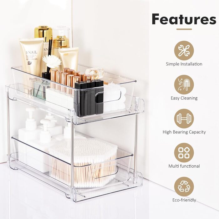 Cinnani 2 Pack 2-Tier Under Sink Shelf, Kitchen Cabinet, Refrigerator, Under Cabinet Organizer, Multifunctional Acrylic with Sliding Drawer Kitchen Shelf for Food Storage Containers, Spice Rack, Cosmetics
