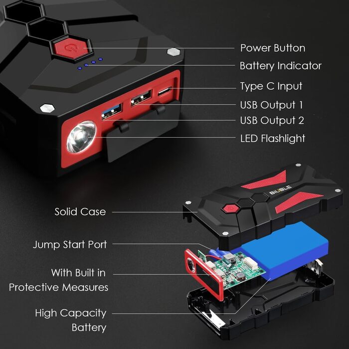 Пусковий пристрій для автомобіля Starthilfe 5000A 12V з LED-ліхтарем та USB. Powerbank для бензинових (до 9.0л) та дизельних (до 8.5л) двигунів.