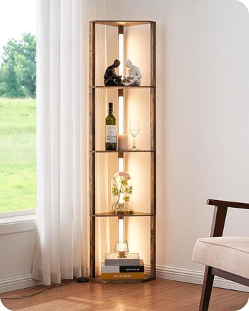 LED торшер EDISHINE з 4 дерев'яними полицями, регульоване освітлення, 3 колірні температури, поворотний світловий стержень, підсвічування полиць, футовий вимикач, вінтажний коричневий