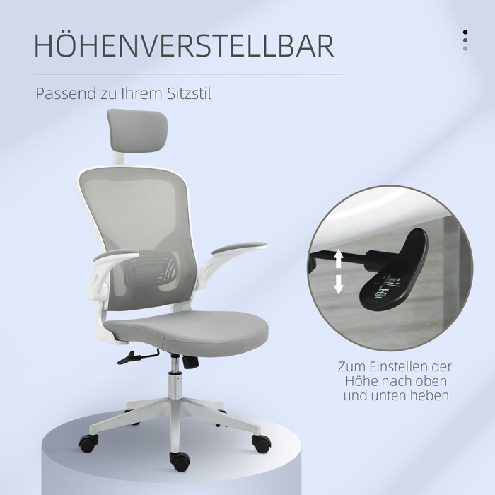 Vinsetto Office Chair Ergonomic Desk Chair with Headrest and Tilt Function, Height Adjustable in Grey, 65 x 64 x 114-122 cm