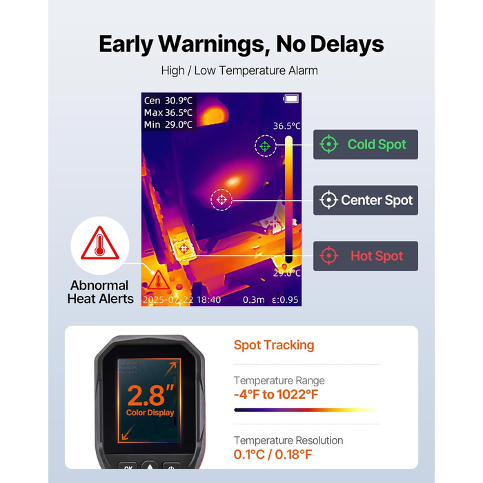 Тепловізор VEVOR з роздільною здатністю 320x240, термокамера з візуальною камерою 2MP, -20°C до 550°C, 4 режими та 6 колірних палітр