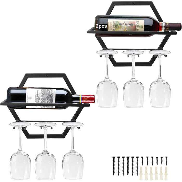 Metal Wall Mounted Wine Holder Stemware Glass Rack, 2Pcs Hanging Glass Wine Rack Wall Mount Red Wine Rack Organizer with 3 Stem Glass Holders for Home Kitchen Bar Display Decor (AA)