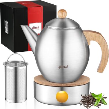 Glass Teapot with Silver Stainless Steel 1200ml with 18/8 Stainless Steel Tea Strainer Tea Maker Suitable for Tea Warmers (Stainless Steel Teapot with Lid)