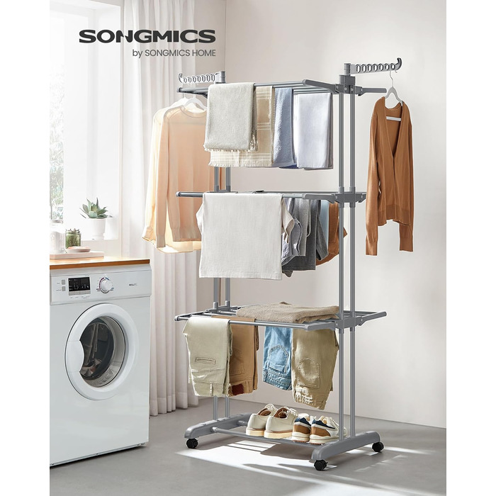 Сушарка для білизни SONGMICS з 4 рівнями, розкладна, на колесах, 63.5 x 128 x 173 см, сірого кольору (LLR701G01)