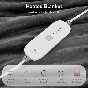 Електрична ковдра CURECURE з підігрівом, 150 x 200 см, 4 режими, таймер, захист від перегріву, для ліжка/дивану, сірий колір